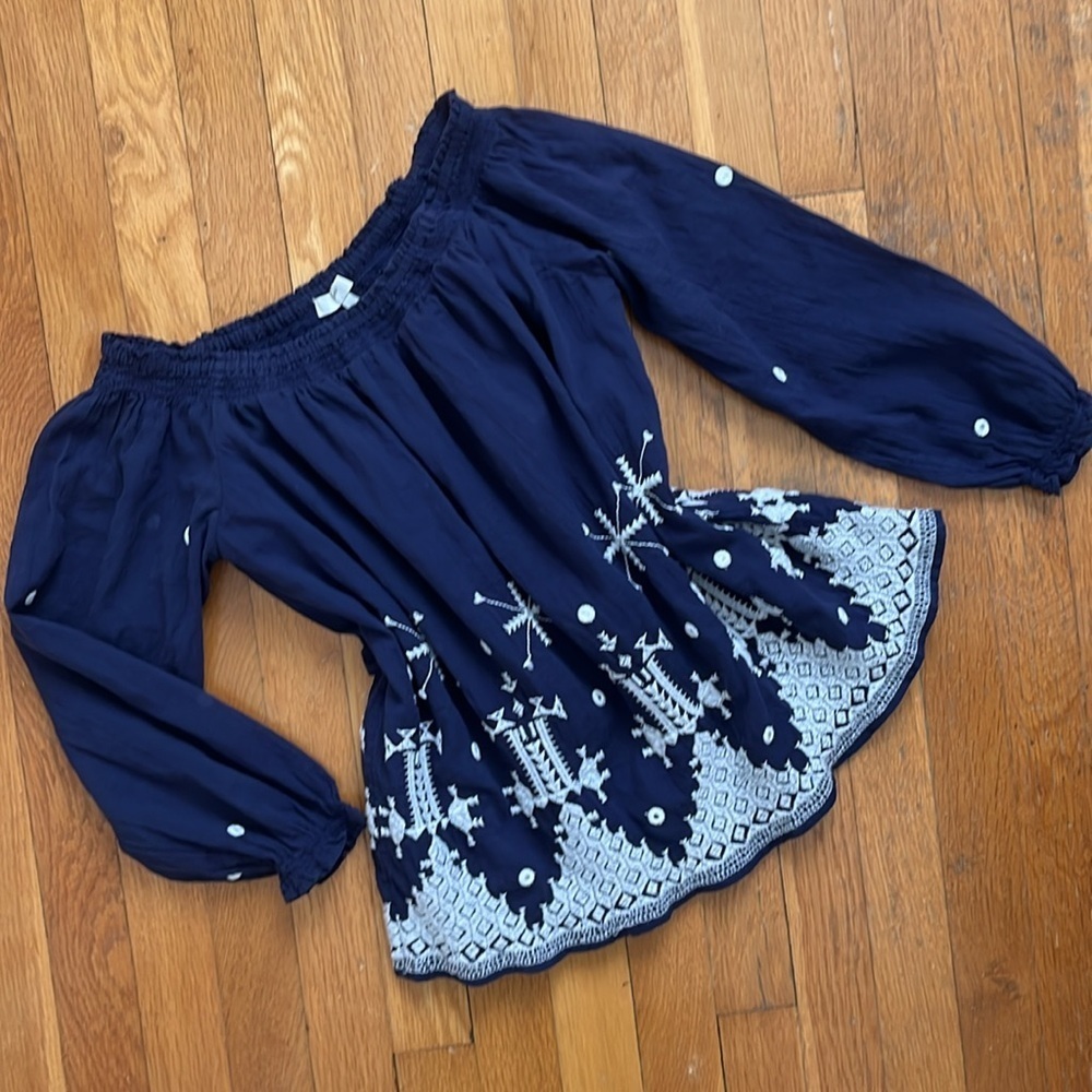 Joie Kistine 100% Cotton Navy Blue & White Embroidered Blouse Peasant Top XS - Picture 6 of 14